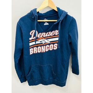 Majestic Denver Broncos Womens Navy Blue V-Neck Pullover Hoodie Sweatshirt Small